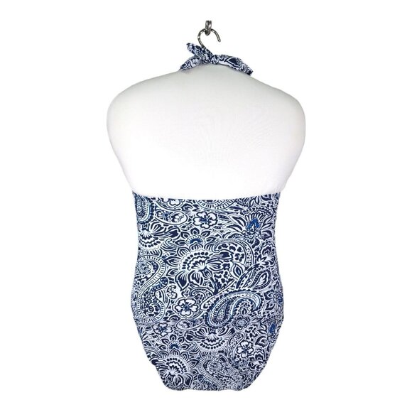 $98 Ellen Tracy Halter V-Neck One Piece Swimsuit Navy White NWT Size 12 Lined - Picture 2 of 12